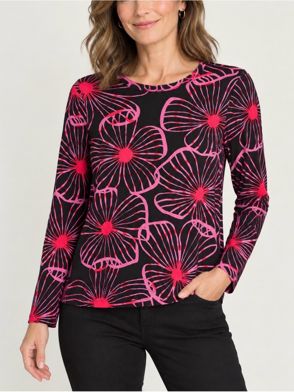 Lesley Evers Black Long-Sleeve Tee with Pink & Red Floral Print